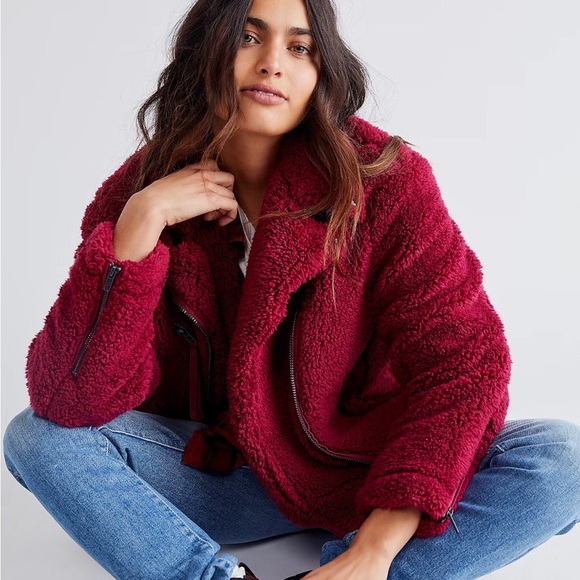 Free People Jackets & Blazers - FREE PEOPLE Womens So Cozy Slouchy Moto Jacket Fuzzy Fleece Size Large